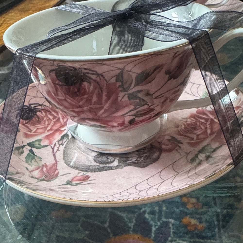 Elegant Pink Floral spiders roses and skulls Teacup and Saucer Set